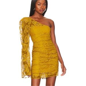 Elegant One-Shoulder Lace Dress in Mustard FOR LOVE AND LEMONS